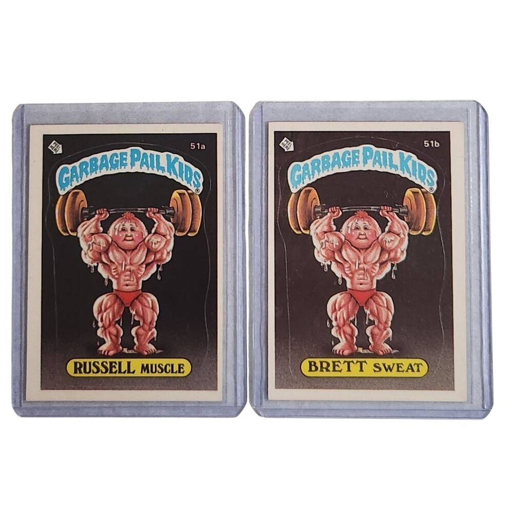 Garbage Pail Kids Russell Muscle & Brett Sweat Card + Sticker 1985 Topps VG+
